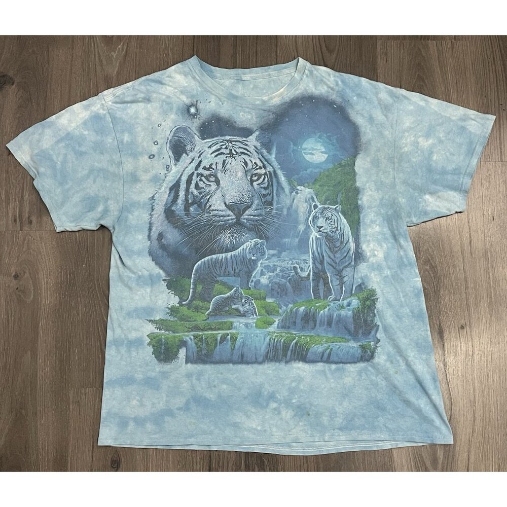 White Tiger Waterfall Nature Tie Dye T Shirt Mens XL Moon Forest Art Blue
